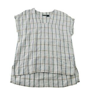 Tahari Cream Textured Windowpane Plaid Short Sleeve Blouse